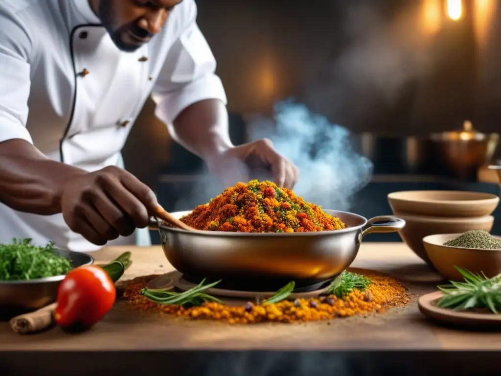 Un chef africano experto fusiona ingredientes tradicionales con técnicas modernas en un plato vibrante