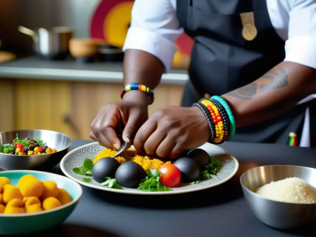 Un chef africano experto creando un plato innovador con utensilios tradicionales, redefiniendo la gastronomía mundial