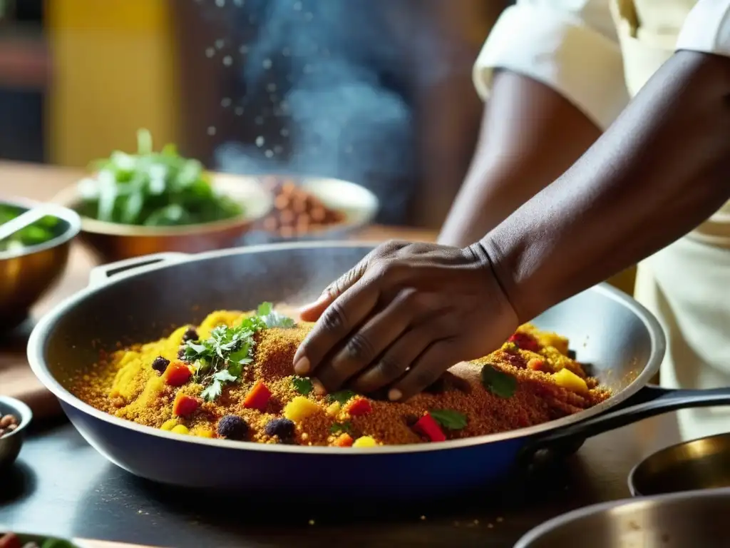 Un chef africano sazona expertamente un plato tradicional, fusionando historia y modernidad en la cocina