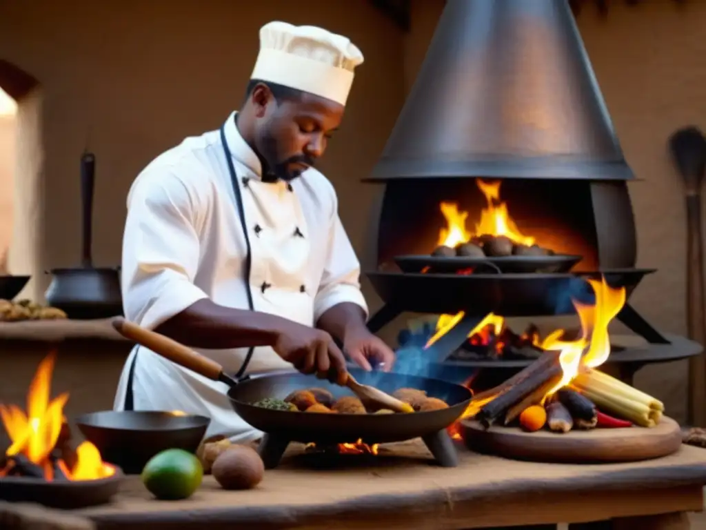 Un chef africano preparando una receta histórica de África precolonial sobre fuego abierto con ingredientes vibrantes