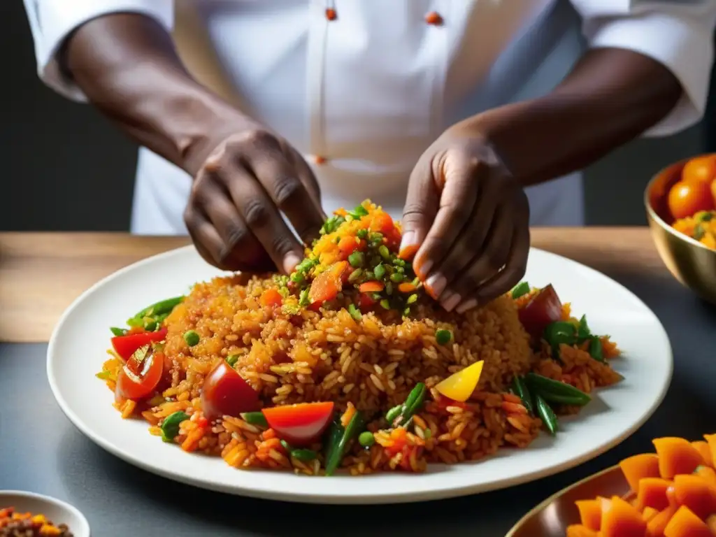 Un chef africano sazona meticulosamente un vibrante plato de arroz jollof, reflejando la artesanía de la cocina africana