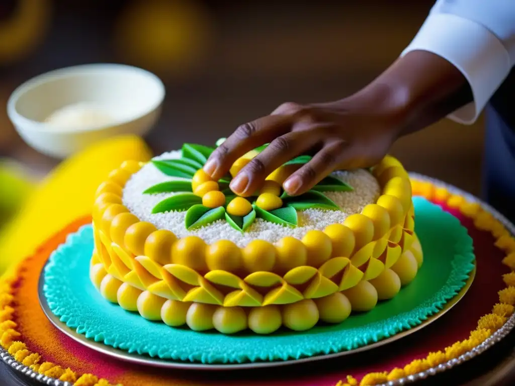 Un chef afrocaribeño experto en repostería moldea esculturas de azúcar, mostrando la influencia cultural en postres africanos del Caribe