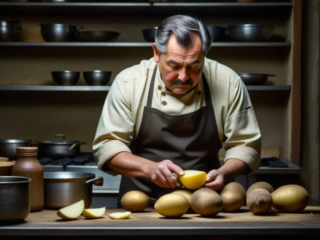 Un chef agotado pela una patata en una cocina de guerra en penumbra, destacando la escasez y la resiliencia