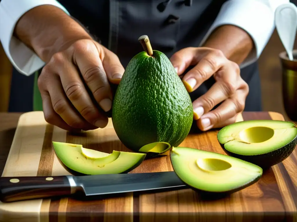 Un chef cortando aguacates maduros en tabla de madera, fusionando influencias de ingredientes europeos en la cocina sudamericana