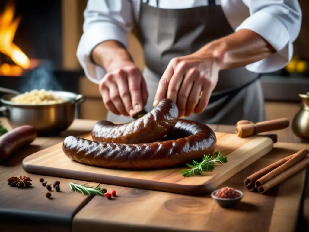 Artesanía culinaria: chef experto fusiona tradiciones alemanas y brasileñas El chef alemán-brasileño experto preparando embutidos en una cocina rústica