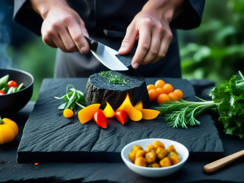 Un chef prepara alimentos en un entorno volcánico, mostrando una escena educativa y visualmente impactante