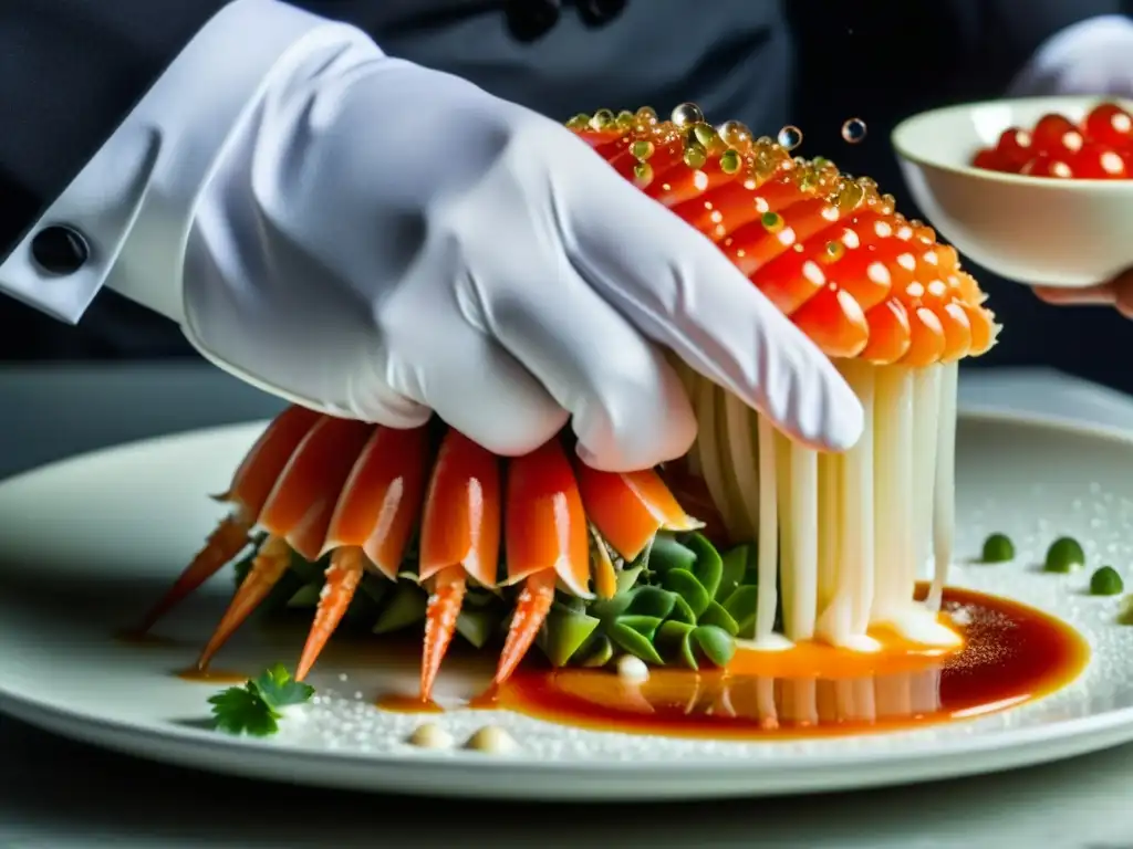 Un chef de alta cocina coloca con cuidado un trozo de pata de Cangrejo Real en un plato blanco, destacando la exquisitez de la Gastronomía Rusa