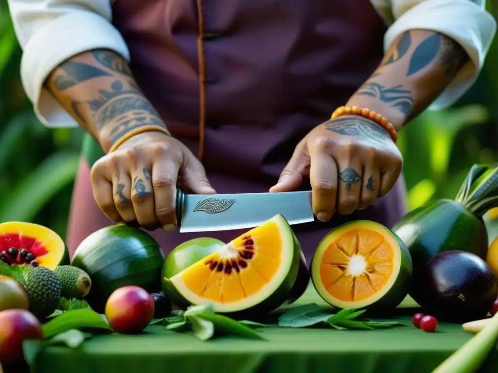 Un chef amazónico corta frutas y verduras con precisión en la selva