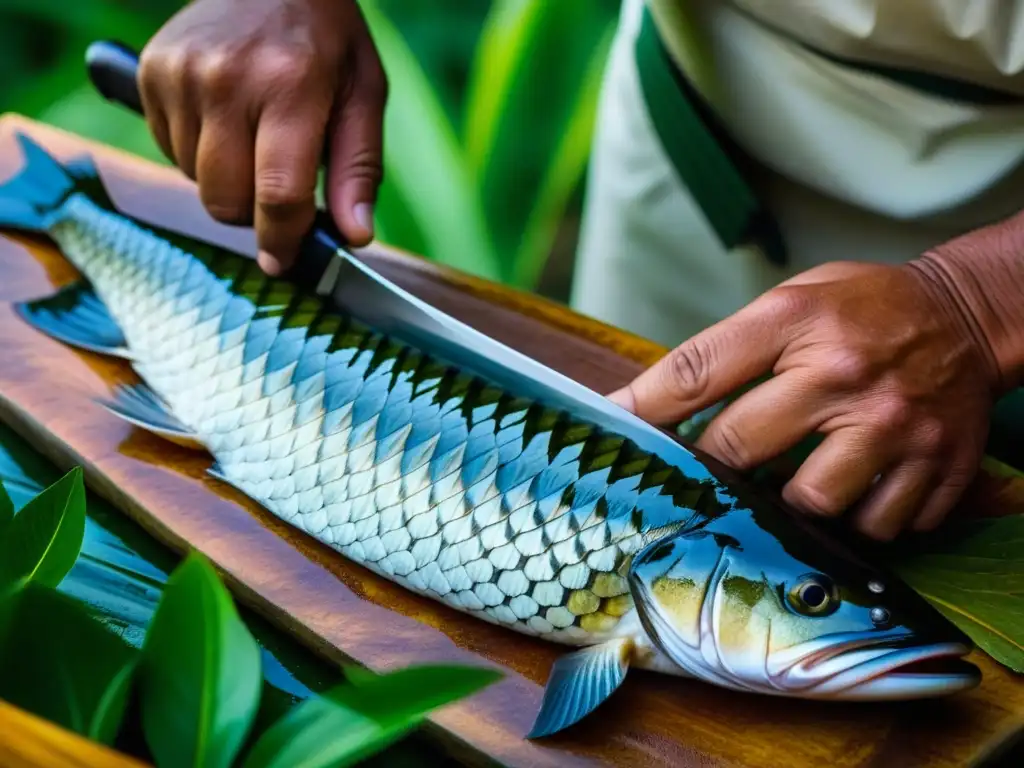 Un chef amazónico fileteando un gigantesco pirarucú con destreza, destacando las texturas y colores de la selva amazónica