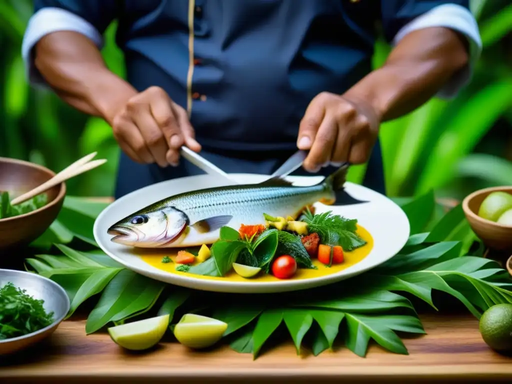 Un chef amazónico preparando un plato tradicional con ingredientes frescos de la selva, mostrando destreza al deshuesar un pez