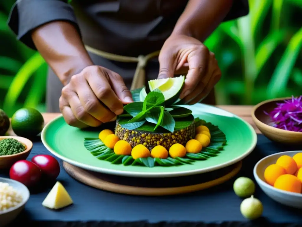 Un chef indígena amazónico preparando platos tradicionales con ingredientes exóticos y coloridos para expediciones