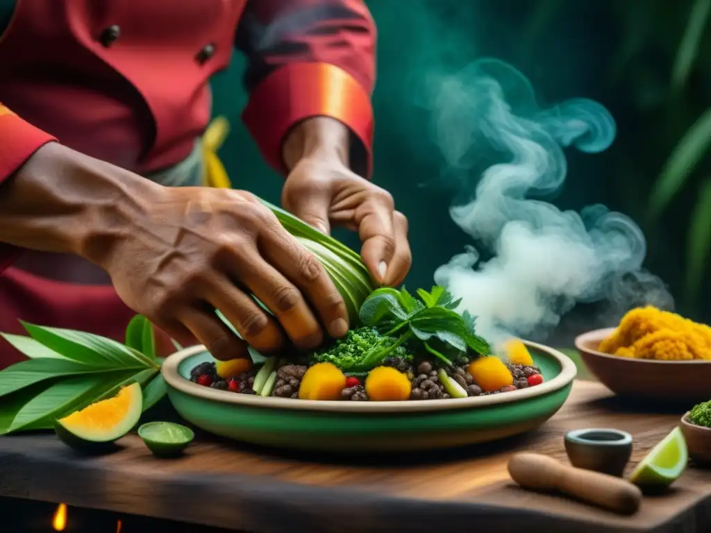 Un chef indígena amazónico preparando una receta tradicional con ingredientes frescos de la selva