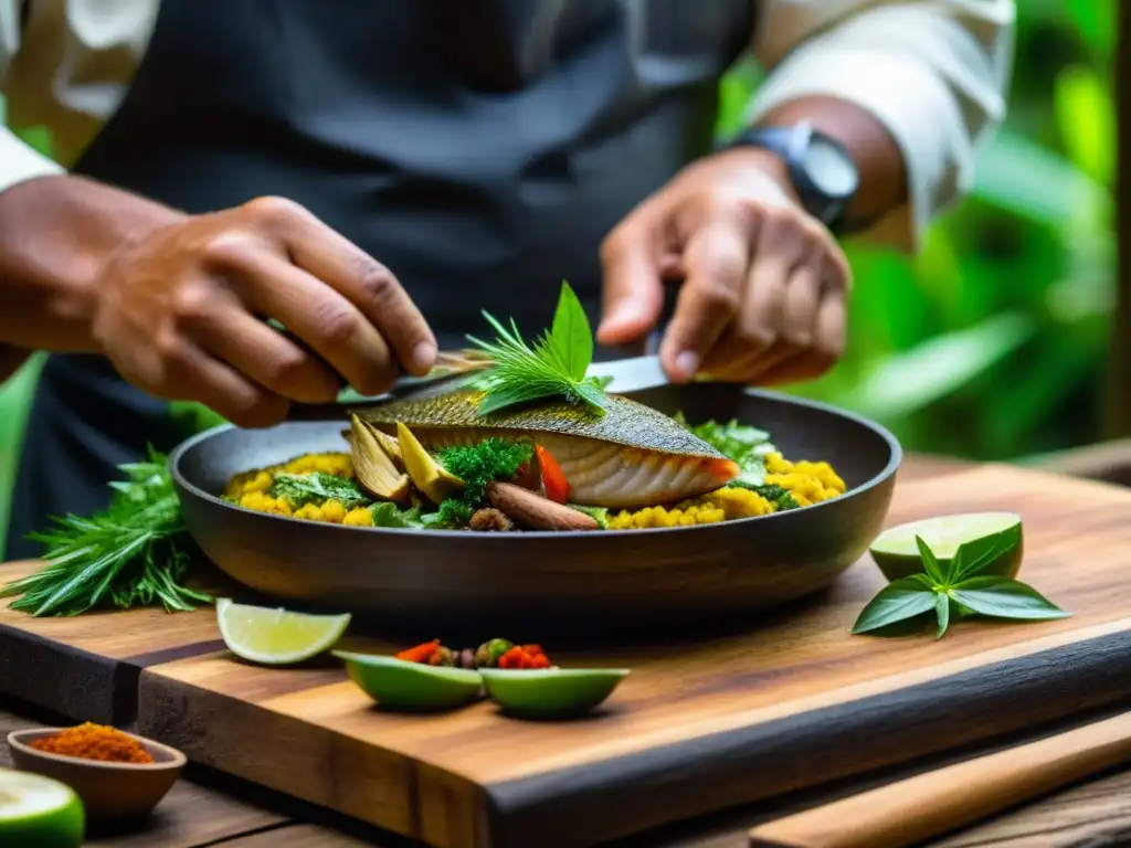 Chef amazónico prepara recetas históricas amazónicas caza pesca en cocina rústica de la selva