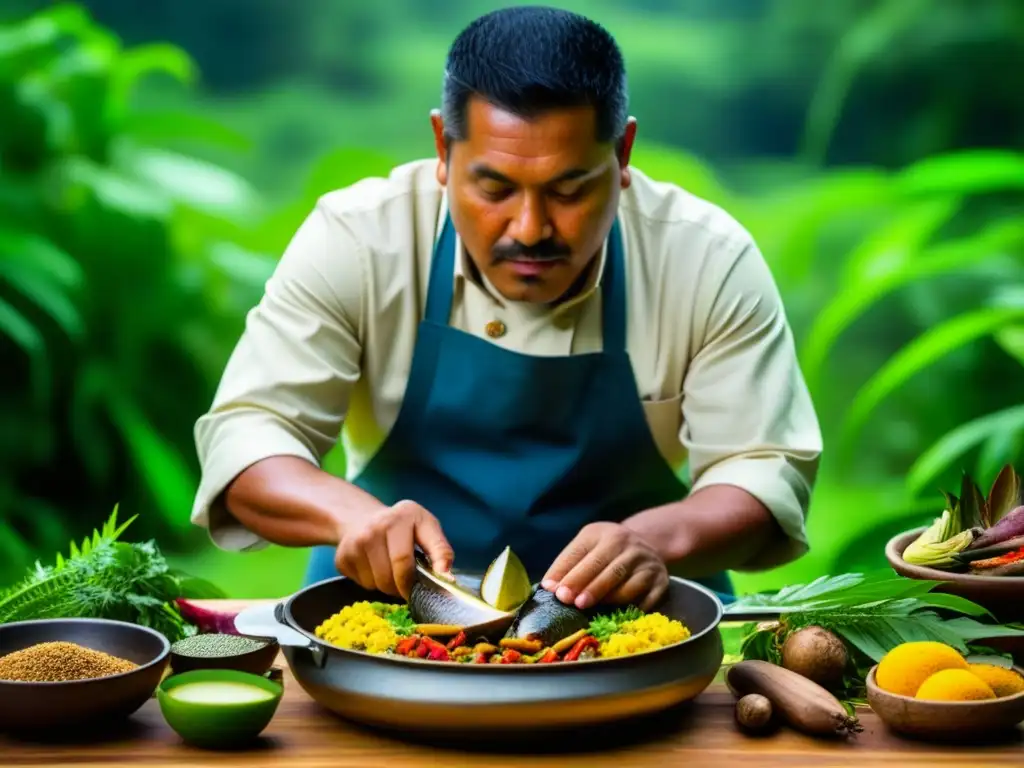 Un chef indígena amazónico preparando recetas históricas con caza y pesca en la exuberante selva amazónica