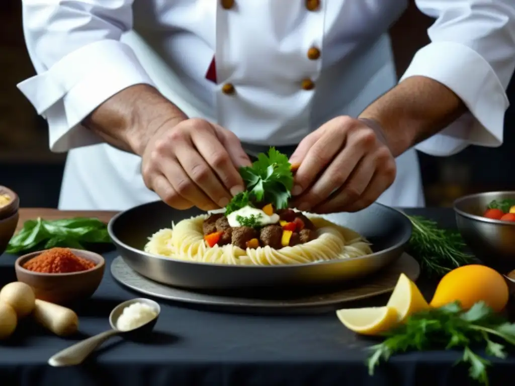 Chef preparando plato armenio: detalle cultural Un chef prepara con amor una receta armenia histórica reinventada, fusionando tradición e innovación en la cocina
