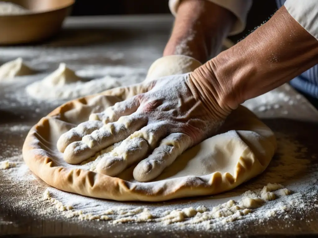 Un chef anciano amasa delicadamente masa con destreza, reflejando innovación culinaria en tiempos de conflicto