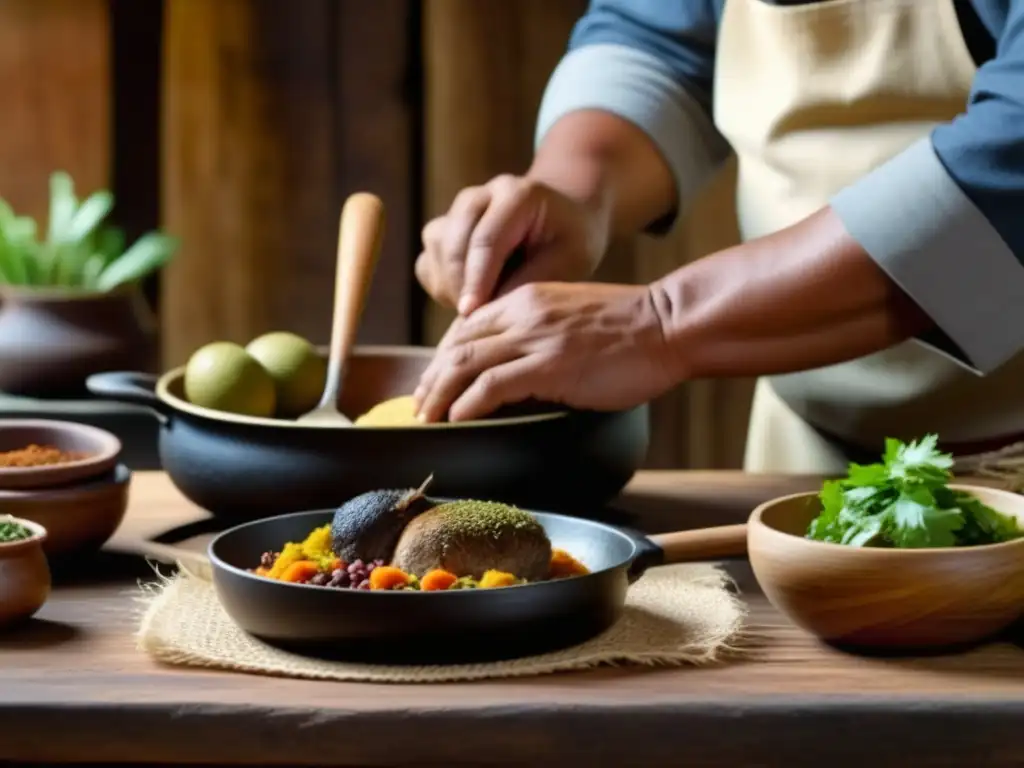 Chef andino preparando recetas históricas del cuy con maestría en cocina tradicional