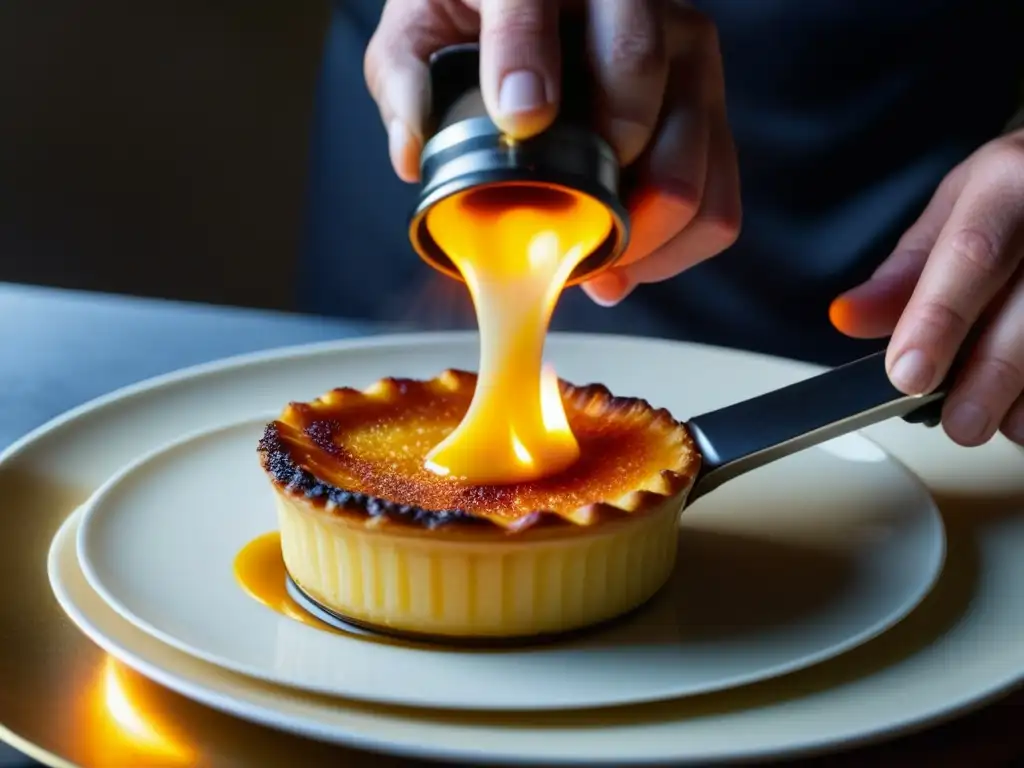 Un chef utiliza una antorcha para dorar un crème brûlée con precisión