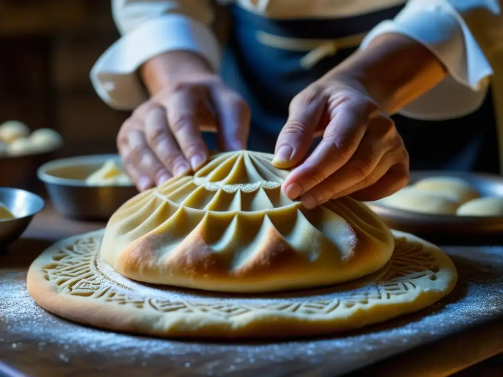 Chef renacentista moldea masa con pasión Un chef apasionado en traje renacentista moldea con destreza masa para recetas históricas renacimiento Palio Siena