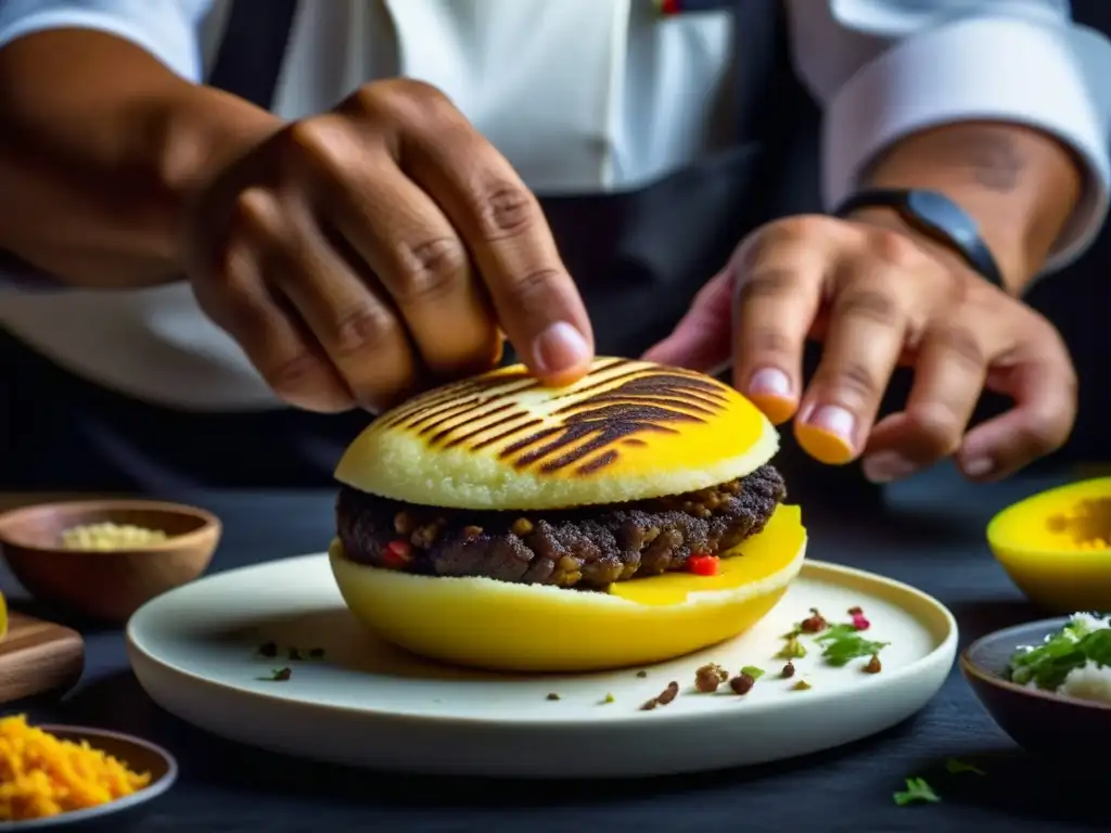 Un chef crea una arepa colorida con detalles precisos