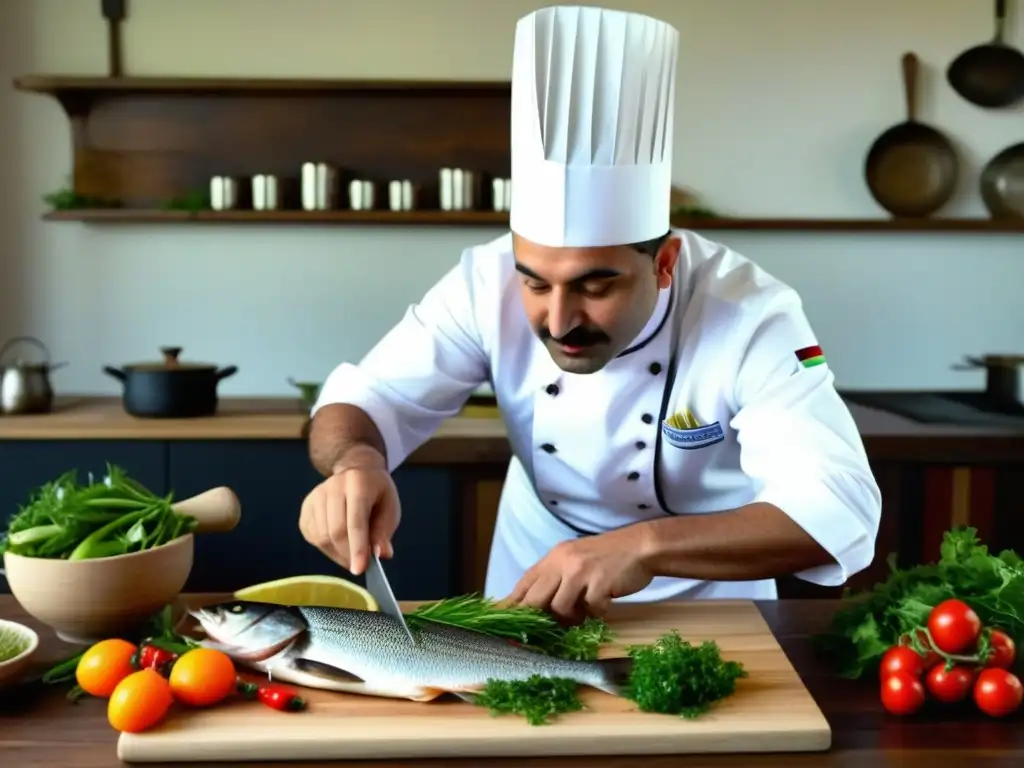 Un chef armenio preparando pescado del lago Sevan con precisión y pasión