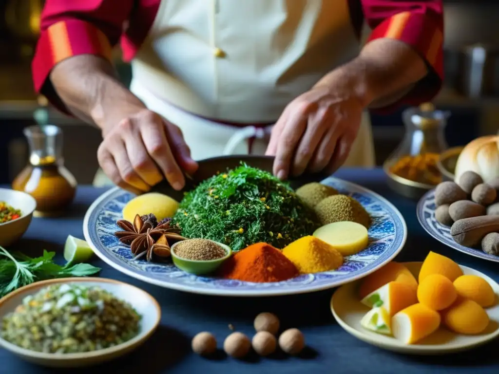 Un chef armenio preparando platos inspirados en la Ruta de la Seda, fusionando sabores y aromas ancestrales con maestría