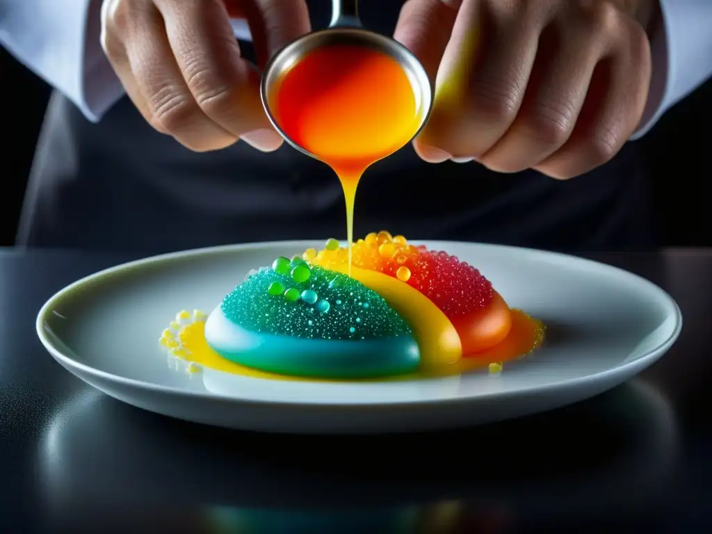 Delicados sabores molecular gastronómicos: arte en cada gota Chef creando arte culinario con tecnología: gotas de gel de sabores antiguos