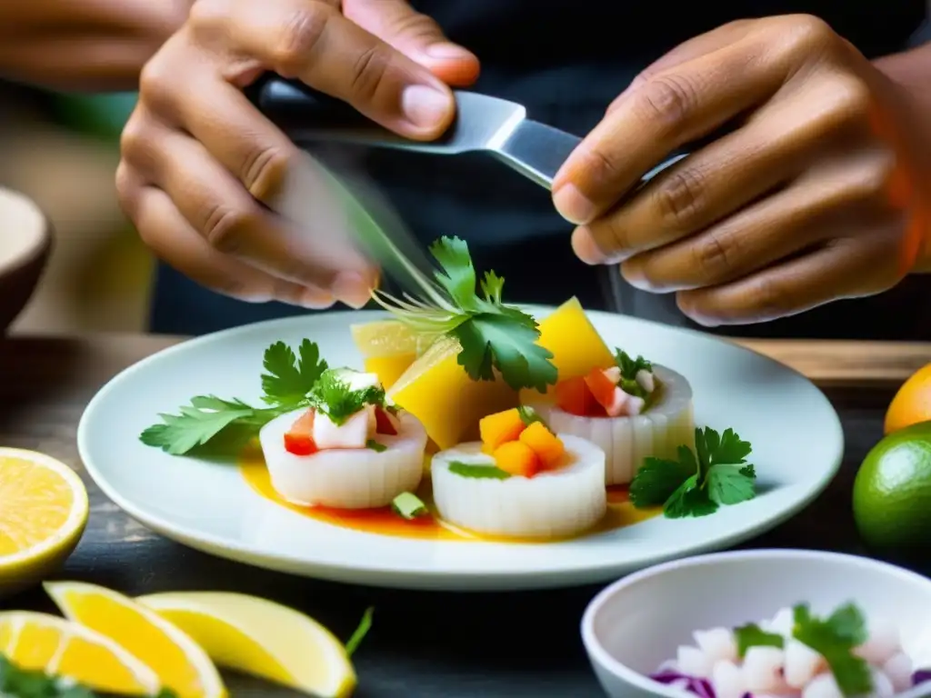 Ceviche peruano: manos expertas fusionan sabores Okinawan Un chef de ascendencia okinawense prepara ceviche peruano, fusionando técnicas culinarias y sabores en una escena culturalmente rica