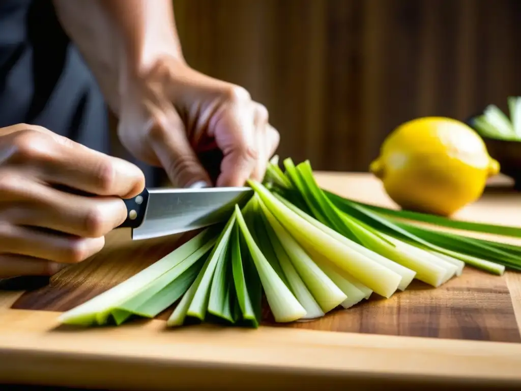 El chef asiático experto corta meticulosamente Lemongrass en la cocina asiática