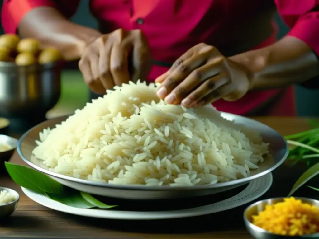 Chef asiático experto preparando plato de arroz con precisión y arte en la cocina asiática