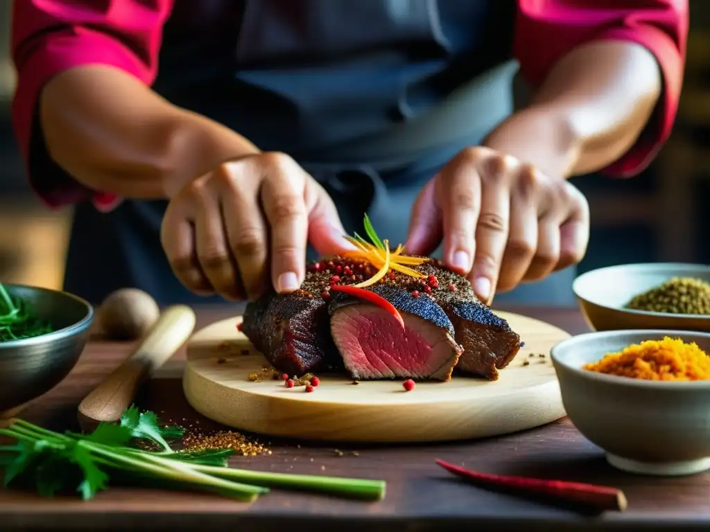 Un chef asiático tradicional experto en técnicas de conservación en Asia sazona con precisión la carne, resaltando la herencia cultural