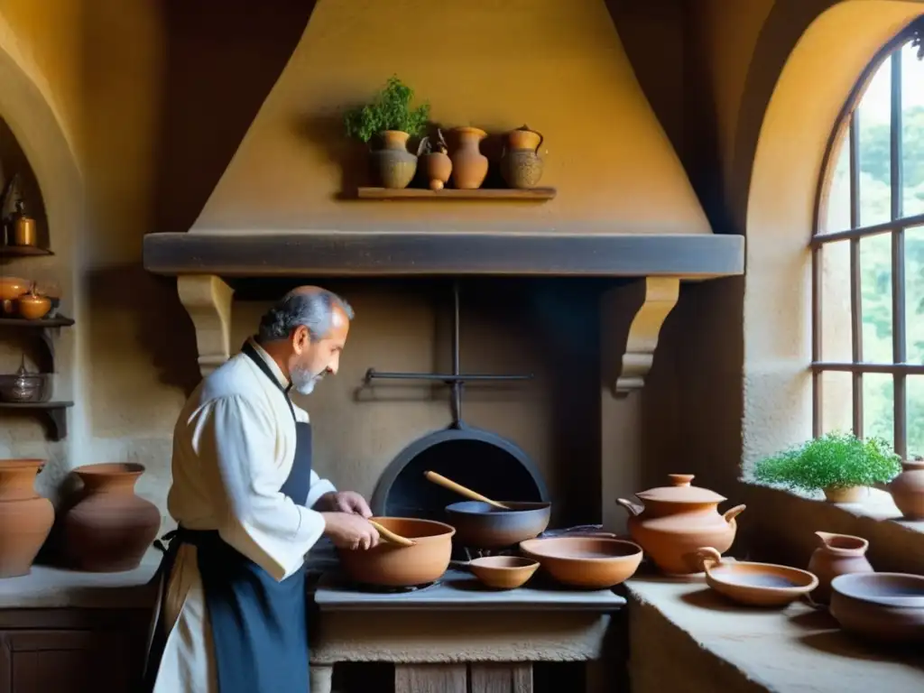 Un chef en atuendo medieval prepara recetas históricas en una cocina toscana, entre ollas de barro y utensilios de madera