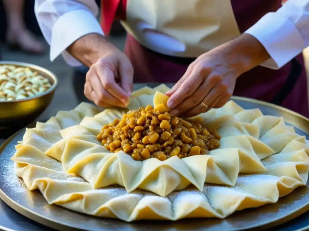 Un chef hábil vistiendo atuendo otomano elabora con destreza pasteles de Cumalıkızık en el Festival de Recetas Históricas