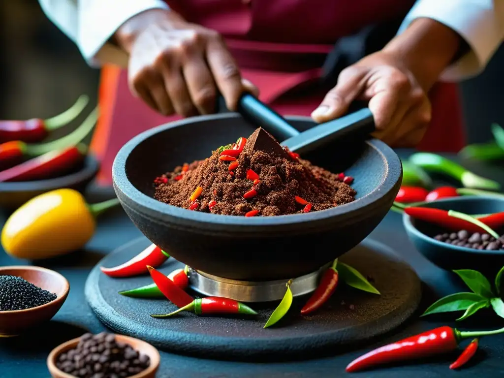 Un chef azteca muele chiles, chocolate y especias en un molcajete, capturando la esencia de recetas históricas cocina azteca