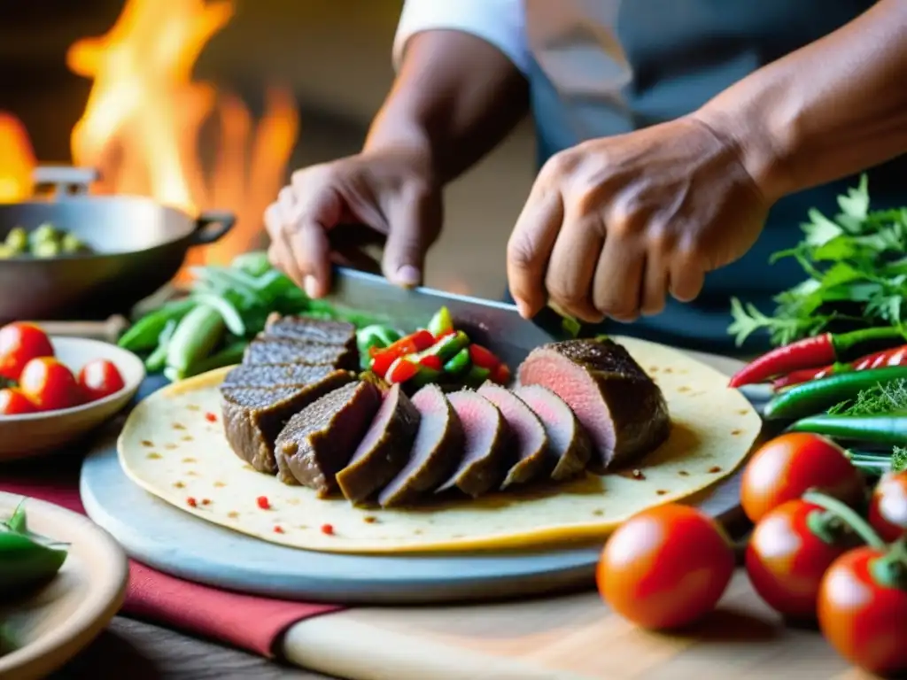 Un chef azteca experto prepara un platillo tradicional con caza local, demostrando la importancia de la caza en la alimentación azteca