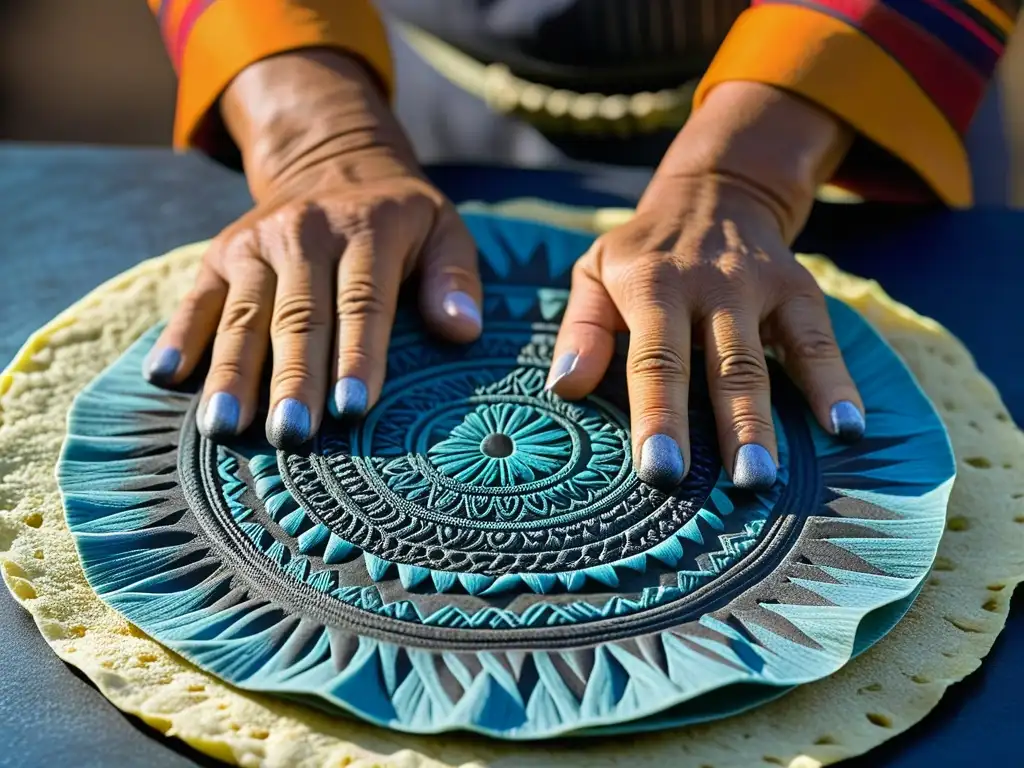 Un chef azteca experto moldeando una tortilla de maíz azul, conectando el pasado y presente en la sostenibilidad en la cocina azteca