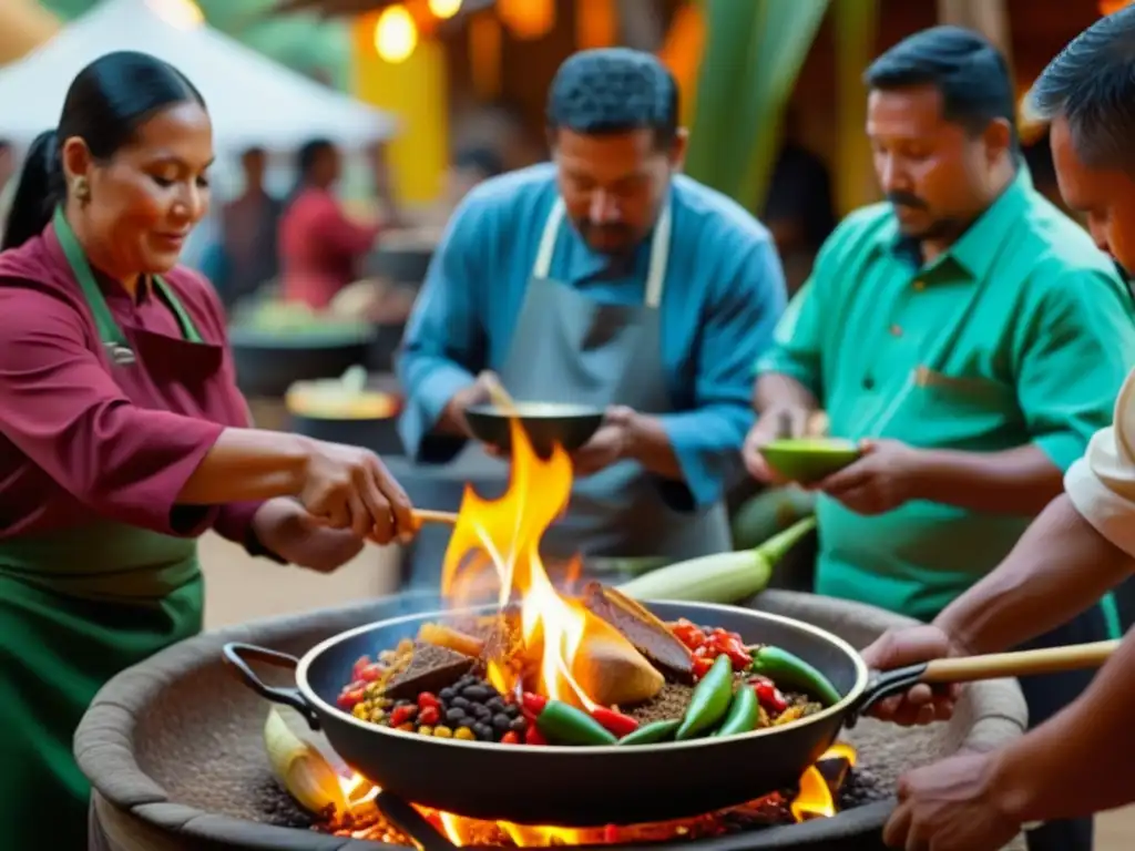 Un chef azteca preparando un platillo tradicional en un mercado, mostrando recetas históricas de diversas culturas