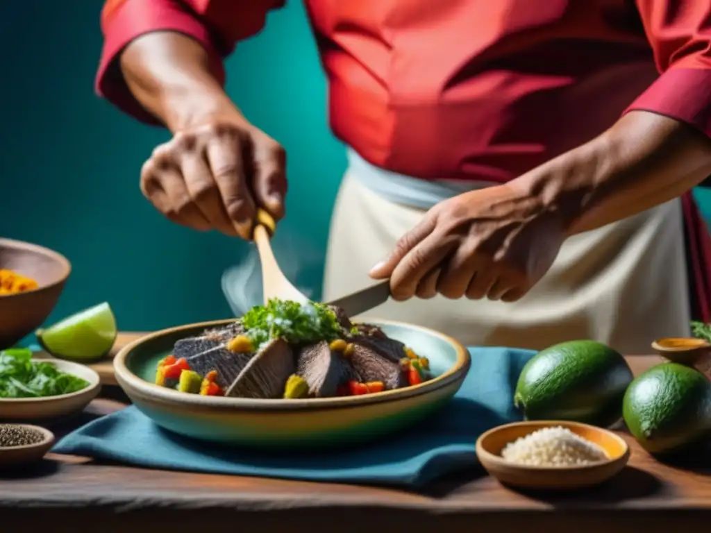 Un chef azteca preparando un platillo tradicional con precisión y arte, resaltando la importancia de la domesticación de animales en la cocina azteca