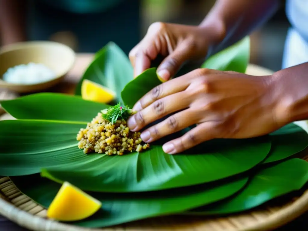 Un chef balinés preparando una receta con detalle y colorido en una cocina tradicional