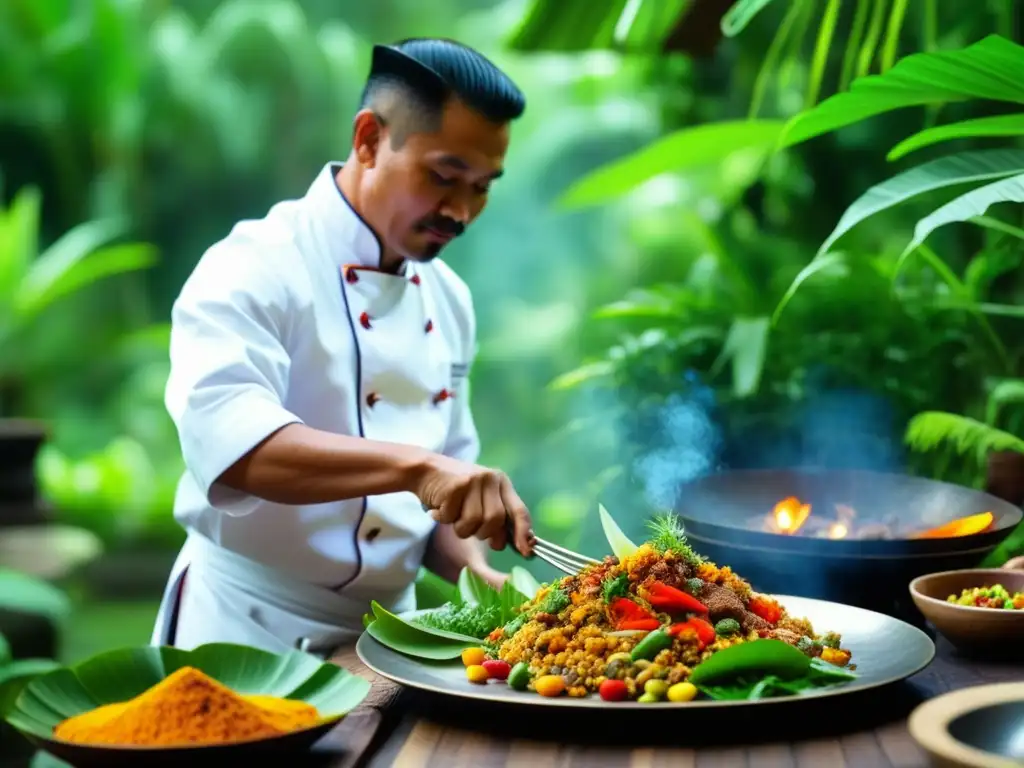 Un chef balinés preparando una receta histórica con destreza, rodeado de exuberante vegetación y especias coloridas