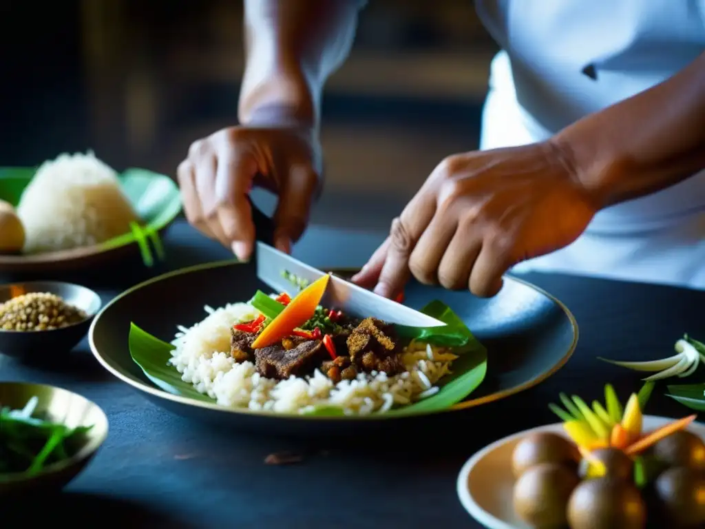 Un chef balinés preparando recetas históricas de Bali con precisión y tradición