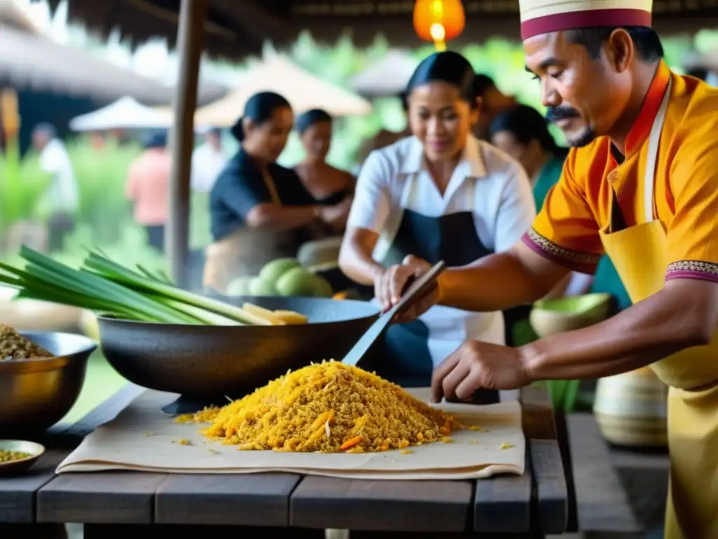 Un chef balinés preparando recetas históricas de Bali en un bullicioso mercado al aire libre