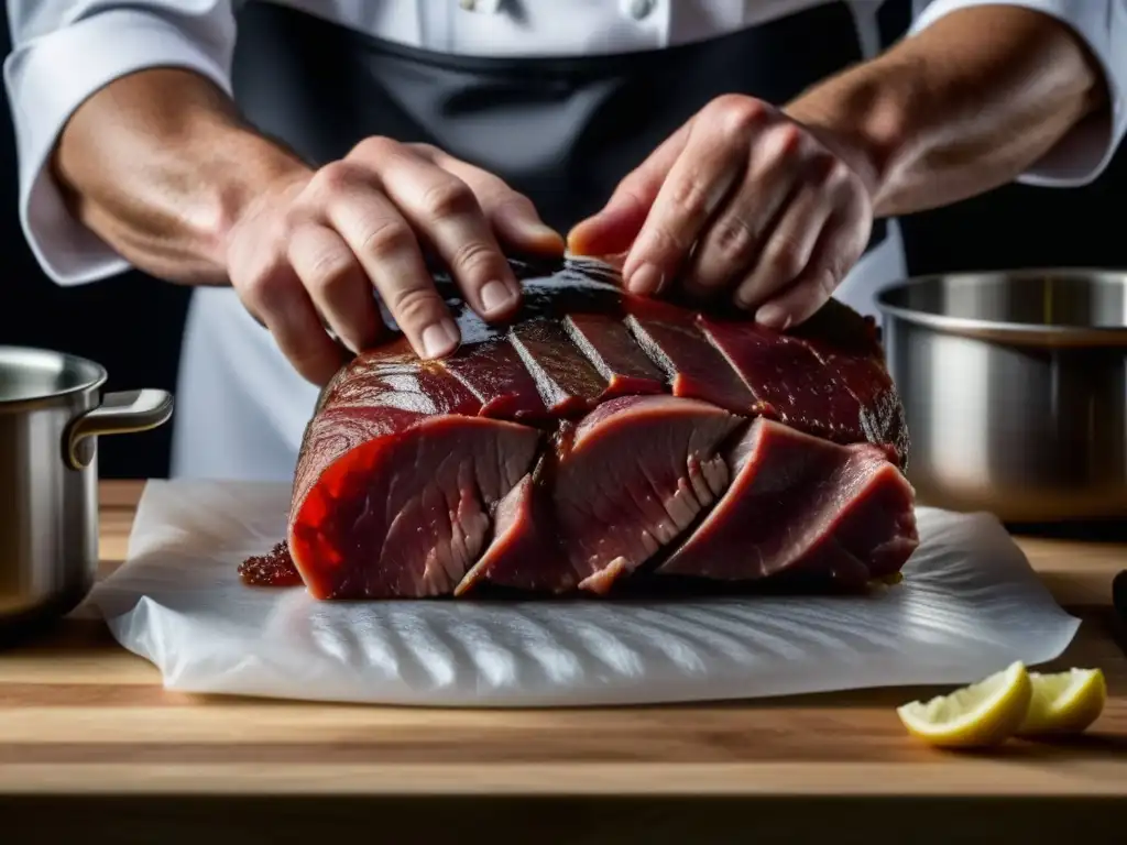Chef experto en sous vide marina carne con precisión Un chef sumerge una bolsa al vacío con carne marinada en un baño de agua sous vide, mostrando texturas y colores