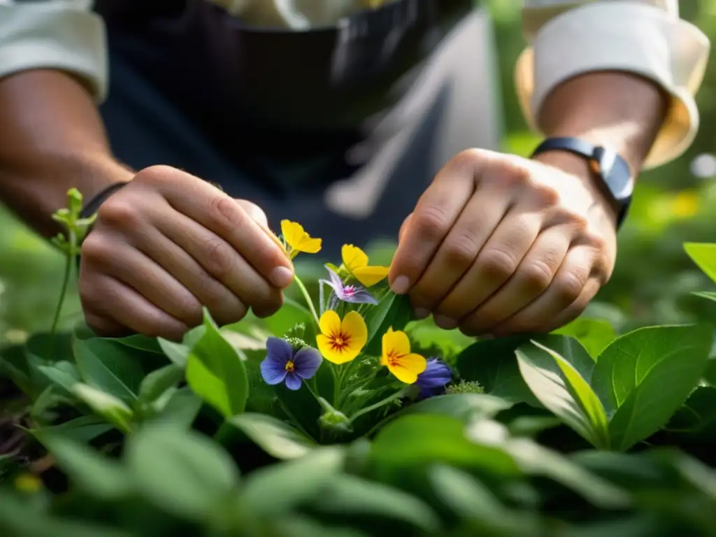 Un chef recolecta flores silvestres en un bosque, mostrando sus detalles bajo la luz del sol