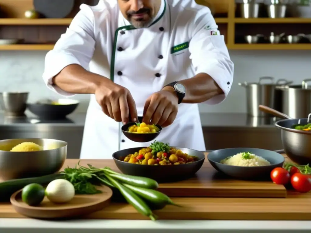 Un chef brasileño experto preparando un plato portugués en una cocina moderna, presencia portuguesa en cocina brasileña