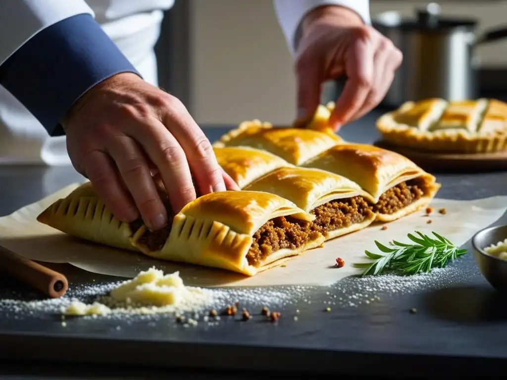 Un chef británico experto en cocina moderna preparando pasteles de carne, fusionando técnicas tradicionales con un toque contemporáneo