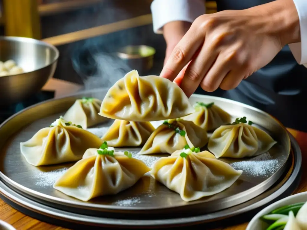 Un chef hábil prepara potstickers en un bullicioso restaurante Chifa