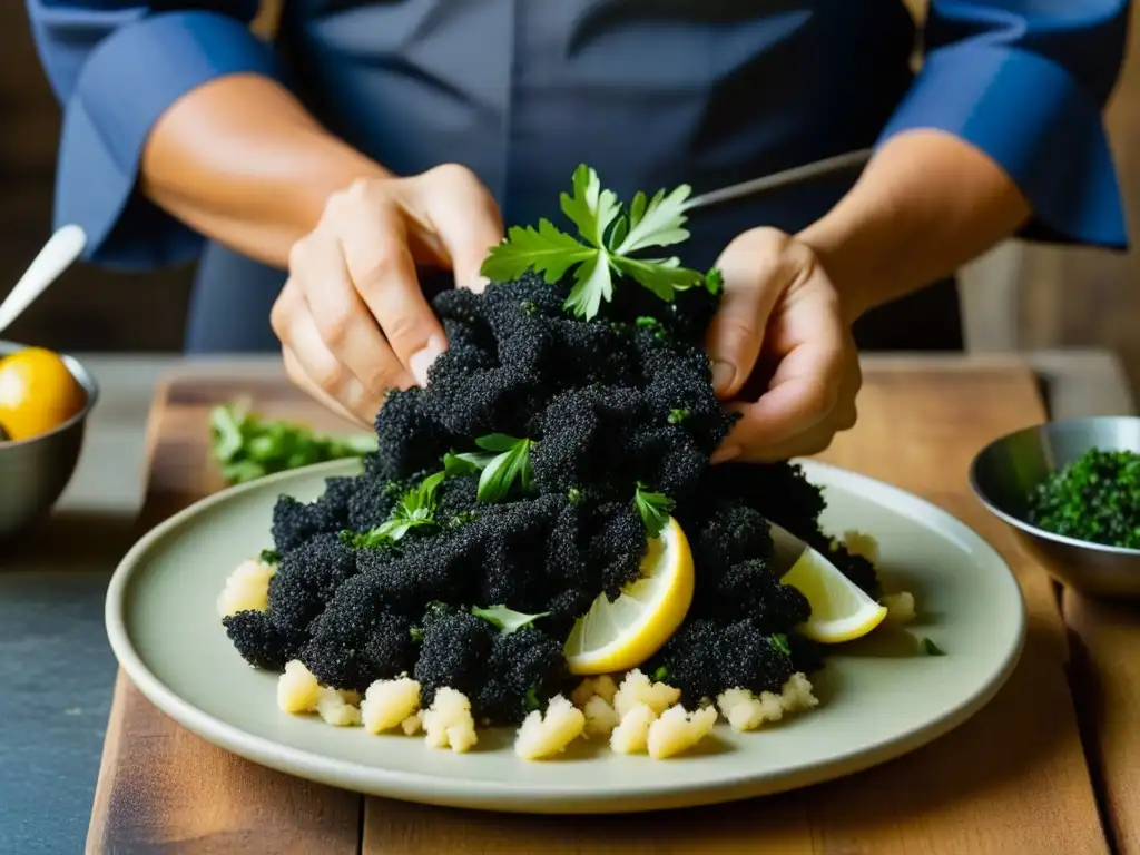 El chef rellena un calamar con una mezcla de sabores, en una cocina mediterránea rústica