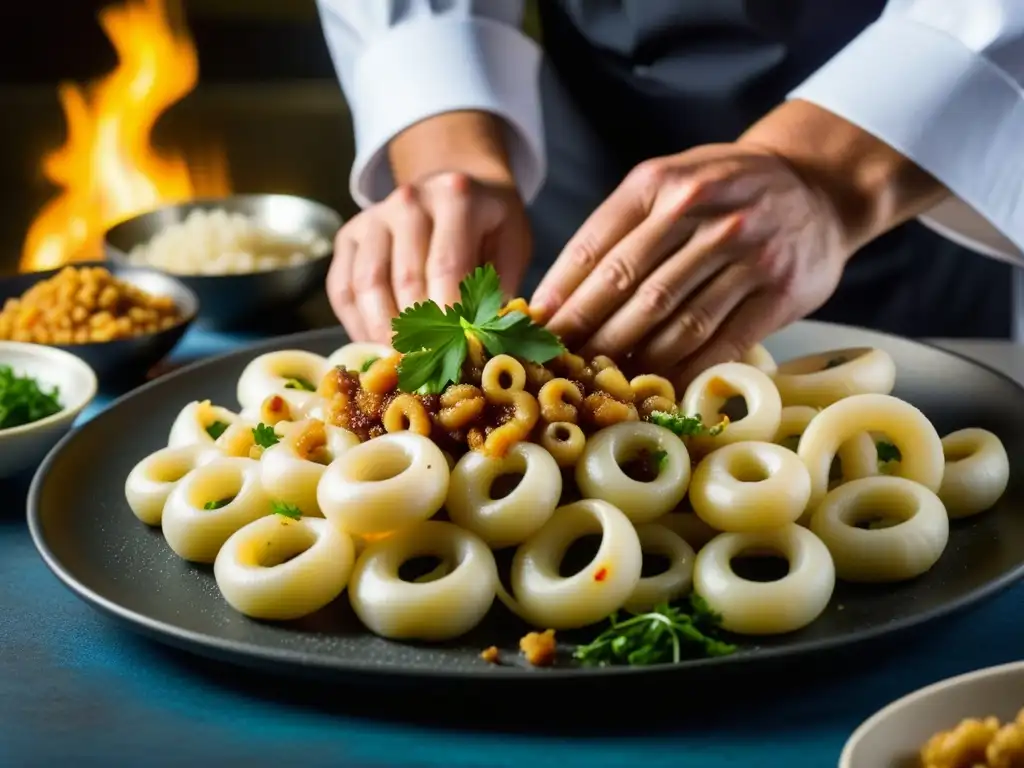 El chef rellena meticulosamente un calamar para preparar la receta calamares en tinta historia