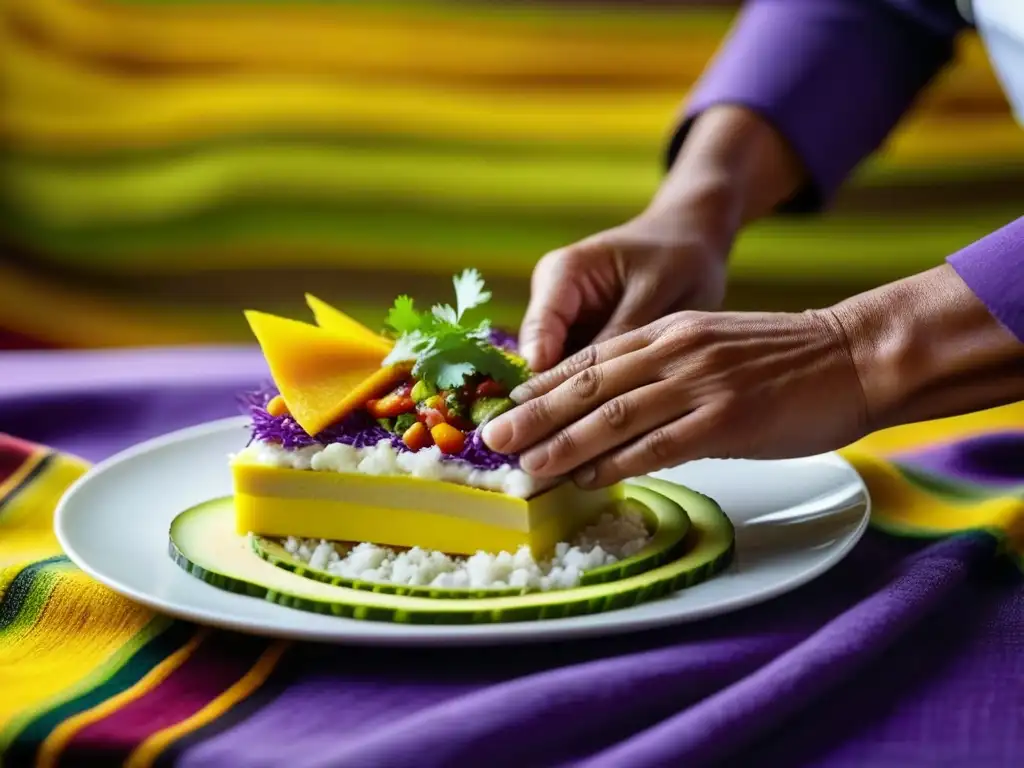 Un chef arregla capas de causa peruana con colores vibrantes sobre textiles andinos, reinterpretando platos Andinos historia